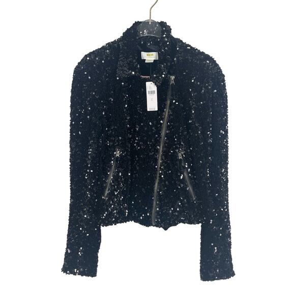 Anthropologie Maeve Sequined Bomber Moto Jacket Black Sz Small Holiday Party NEW - Picture 2 of 13